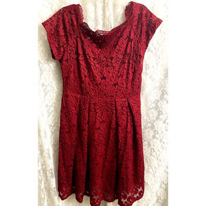 MISSMAY Women's Floral Lace Short Sleeve Boat Neck Swing Dress Red Size XXL